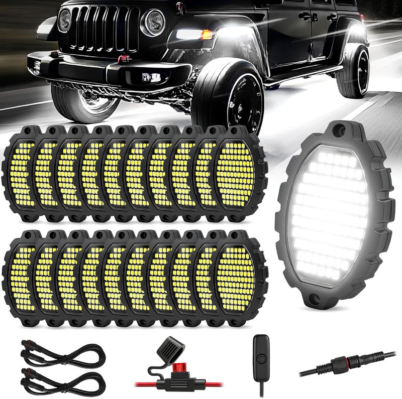 DITRIO 20 Pods Metal Aluminum White Rock Lights with Switch Wiring Harness,1860LEDs Super Bright Underglow Light Waterproof Led Lights for Trucks Jeep Off Road ATV UTV SUV,Plug and Play,Easy to Install - Image 1
